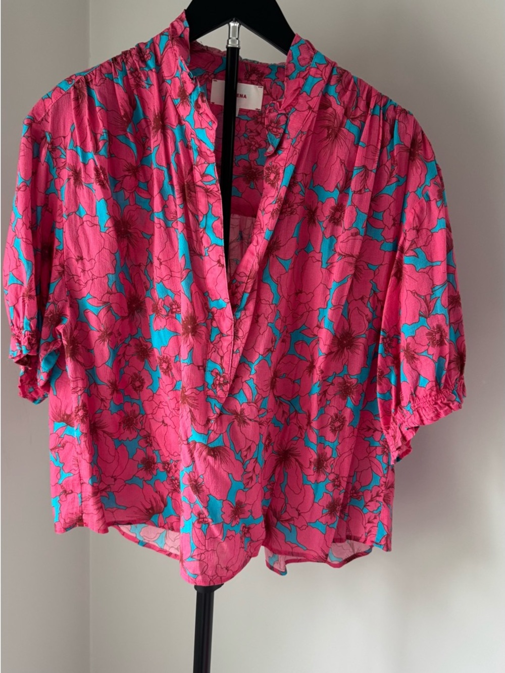 XiRENA Cam Pink and Turquoise Floral Ruffle-Trim Blouse - Picture 2 of 6